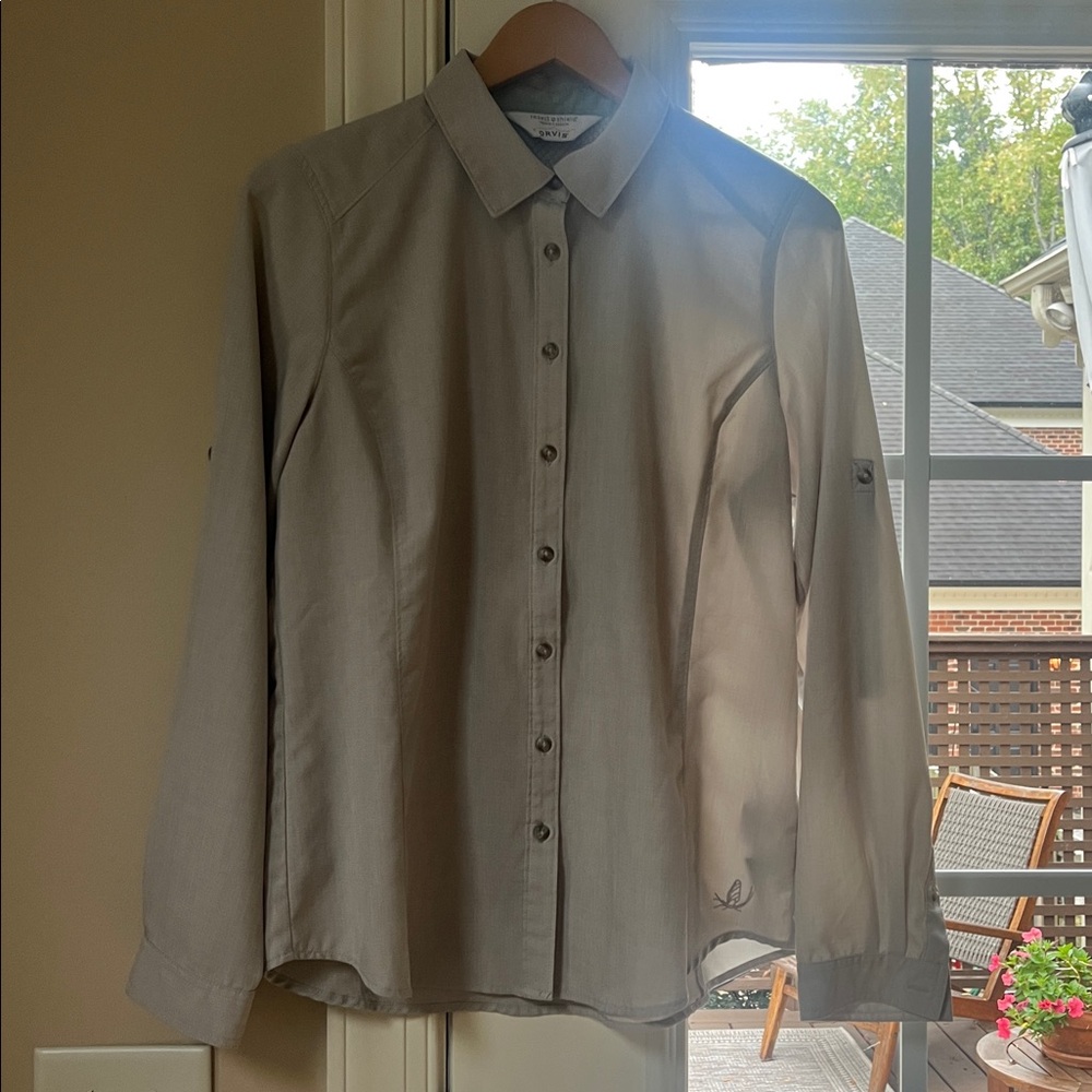 Orvis Light Gray (tan?) and Green Button-Up Shirt